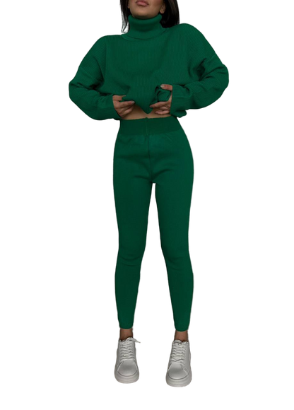 Green Ribbed Knit Oversized Turtleneck Sweater and Shaping Leggings Set