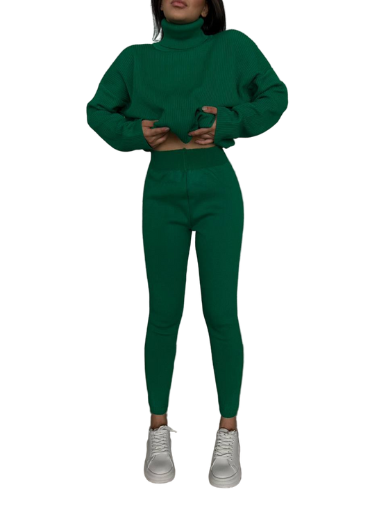 Green Ribbed Knit Oversized Turtleneck Sweater and Shaping Leggings Set