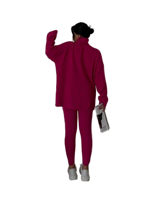 Fuchsia Ribbed Oversized Sweater Shaping Leggings Knit Set