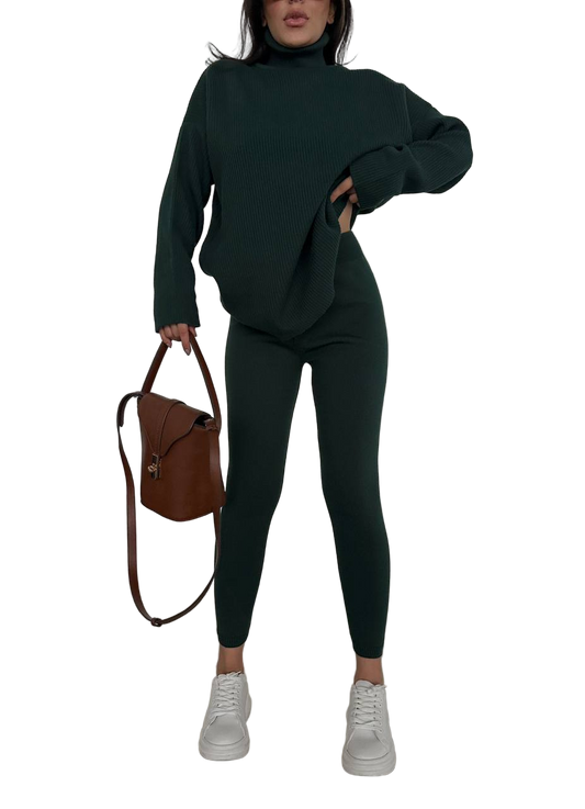 Forest Green Ribbed Oversized Turtleneck Sweater and Shaping Leggings Set