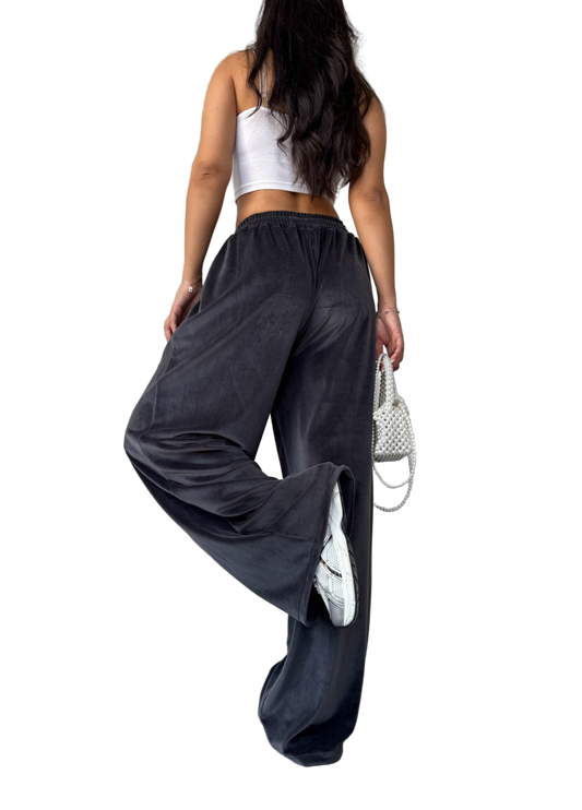 Velour High Waist Wide Leg Trousers Charcoal