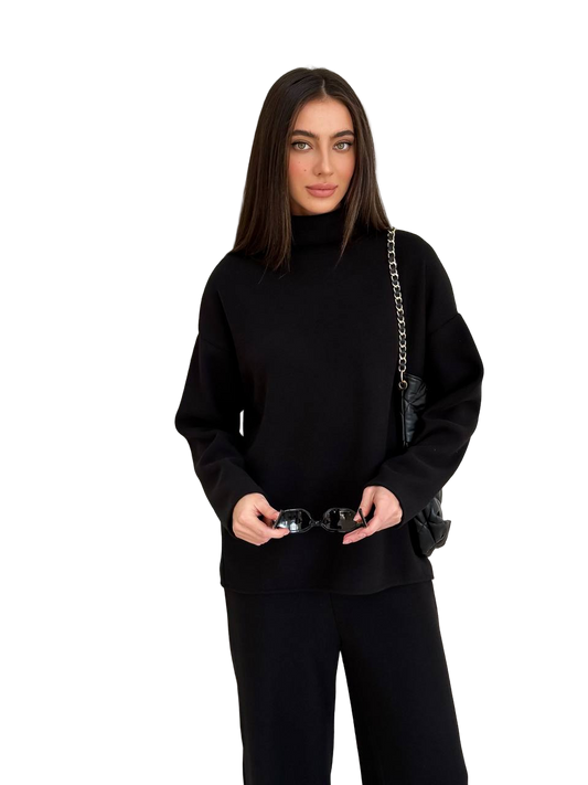 Black Oversize Knit Set Cotton Sweater and High Waist Wide Leg Pants