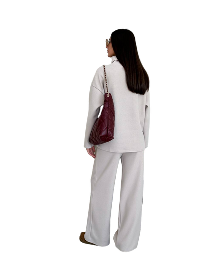 Beige Oversized Knit Sweater and High Waist Wide Leg Pants Set - Cotton Spandex Loungewear