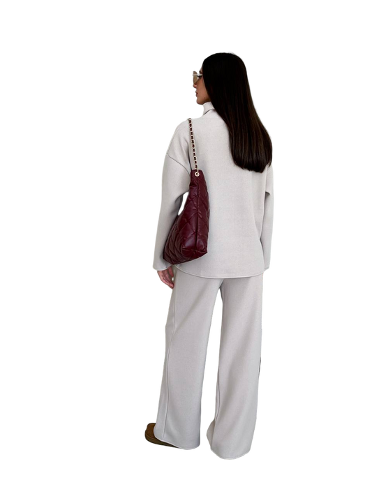Beige Oversized Knit Sweater and High Waist Wide Leg Pants Set - Cotton Spandex Loungewear