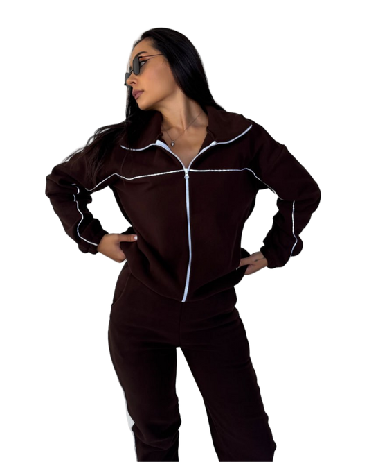 Brown Turkish Fleece Tracksuit Set Women Jogger Zip Jacket and Pants