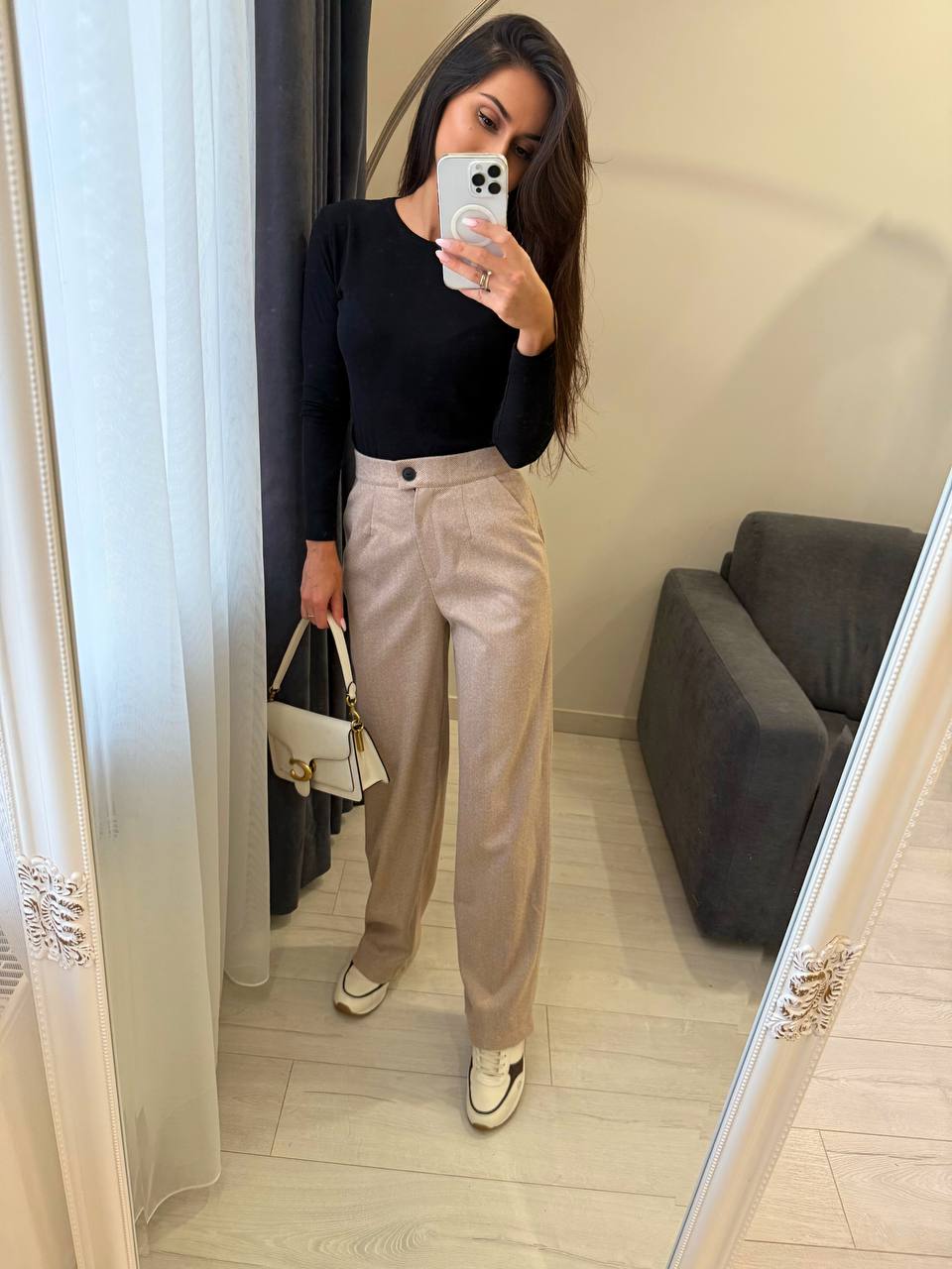 High Waisted Cashmere Knit Trousers for Women Beige