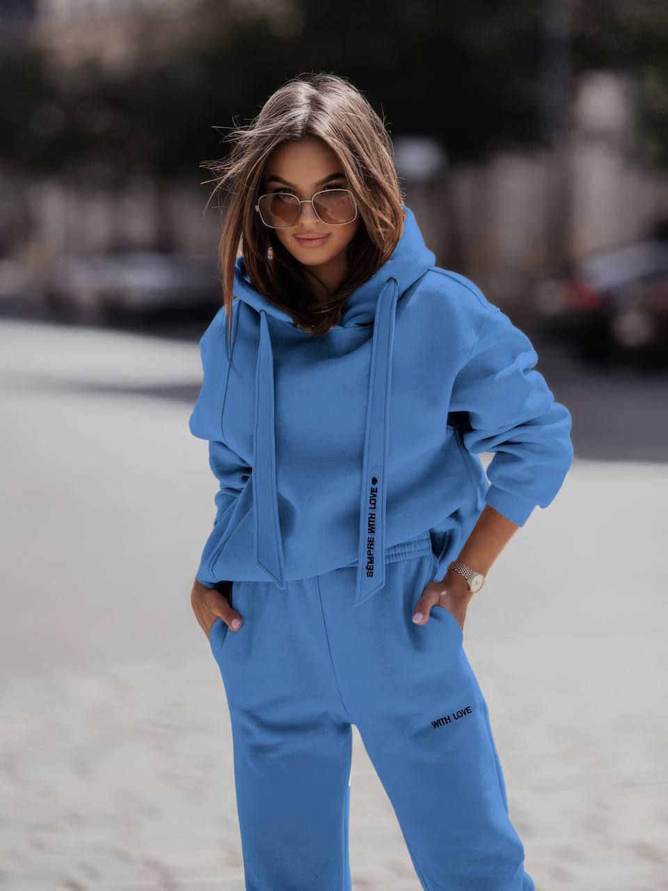 Blue Fleece Tracksuit Hoodie and Joggers Warm Trinitka Set