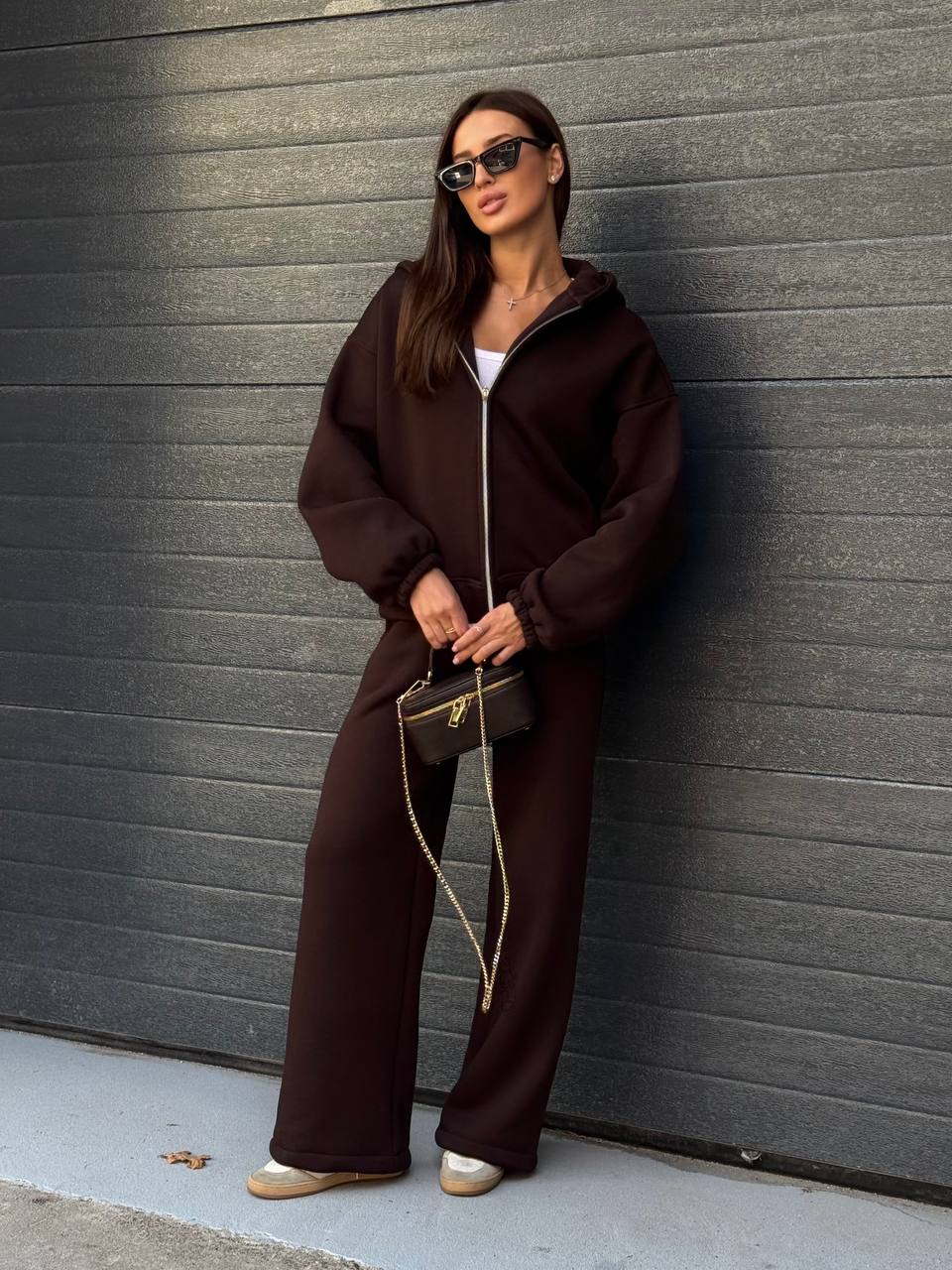 Dark Brown Tracksuit Set Zip Hoodie Wide Leg Pants Cotton Fleece Loungewear