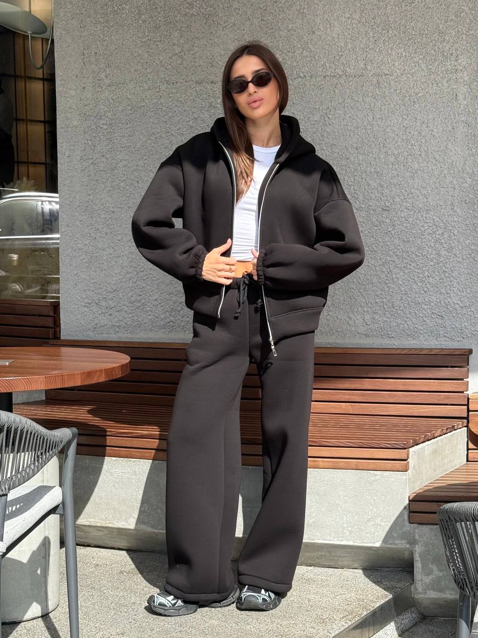 Black Cotton Fleece Tracksuit Women Zip Hoodie Wide Leg Pants