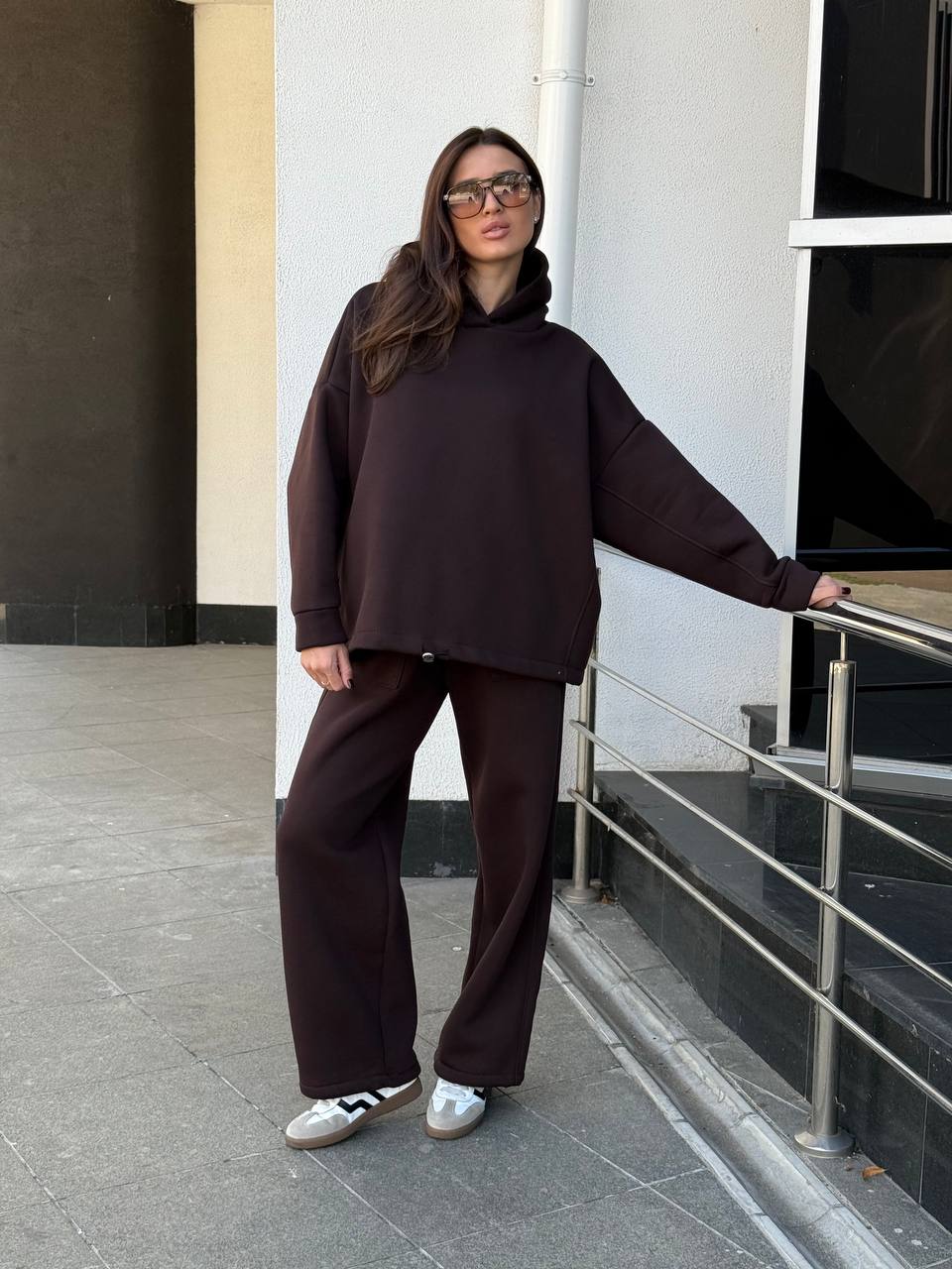 Womens Brown Oversized Tracksuit Turkish Cotton Fleece Hoodie and Straight Pants