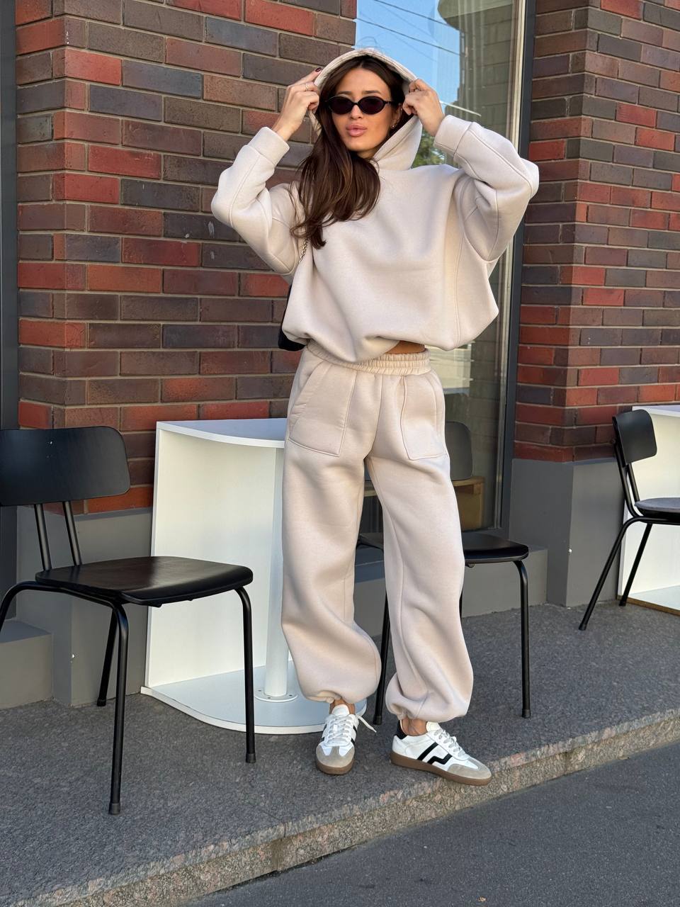 Beige Oversized Tracksuit Set Hoodie and Joggers Cotton Fleece