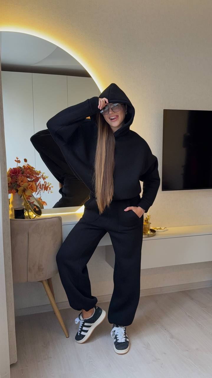 Black Oversized Tracksuit Set Turkish Cotton Fleece Hoodie and Straight Pants