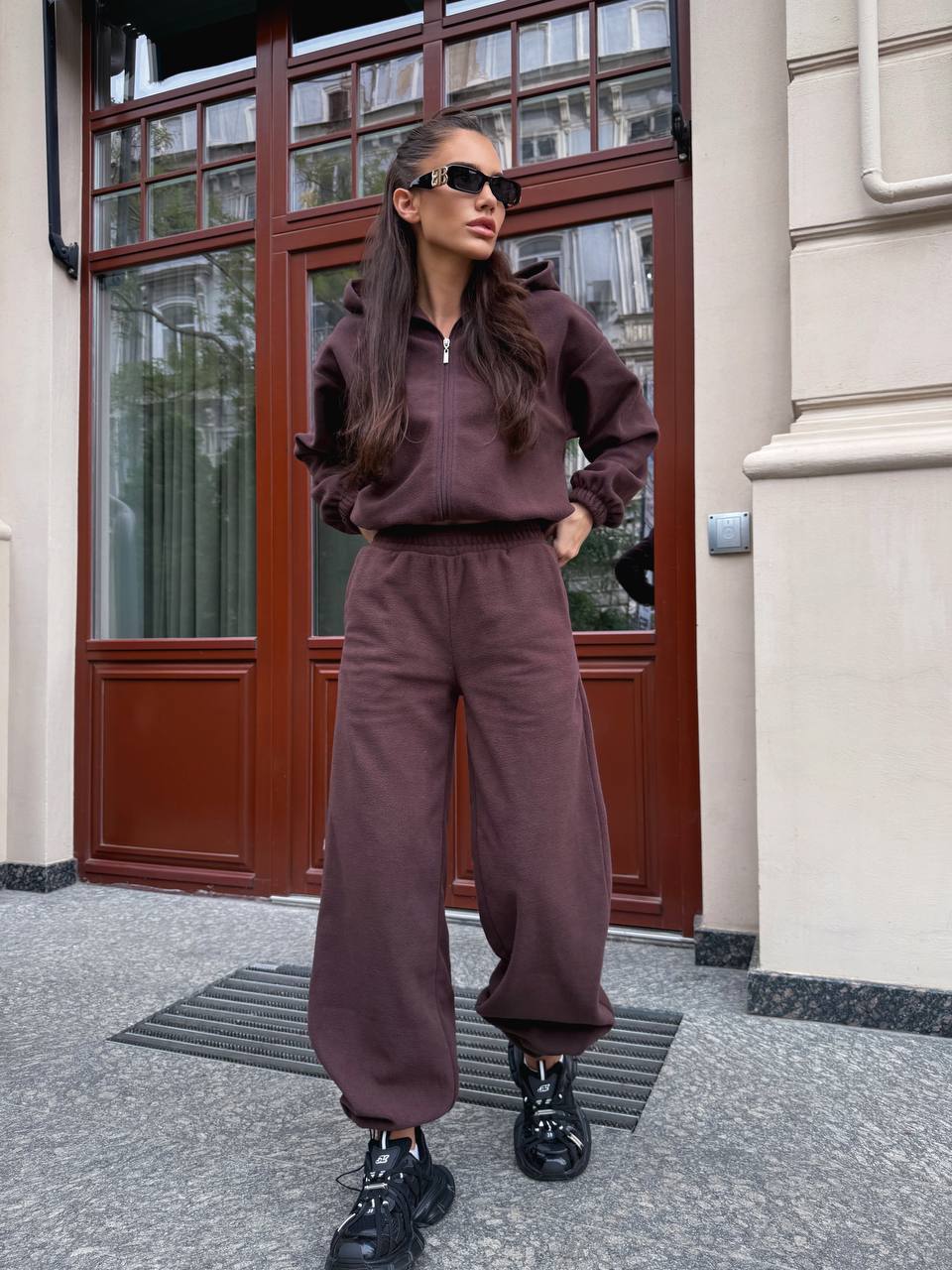 Chocolate Brown Polar Fleece Tracksuit Women Zip Hoodie and Palazzo Jogger Set