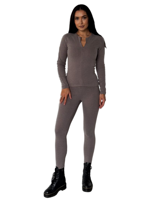 Womens Thermal Suit Taupe Soft Stretch Thermal Set Long Sleeve Top and Leggings