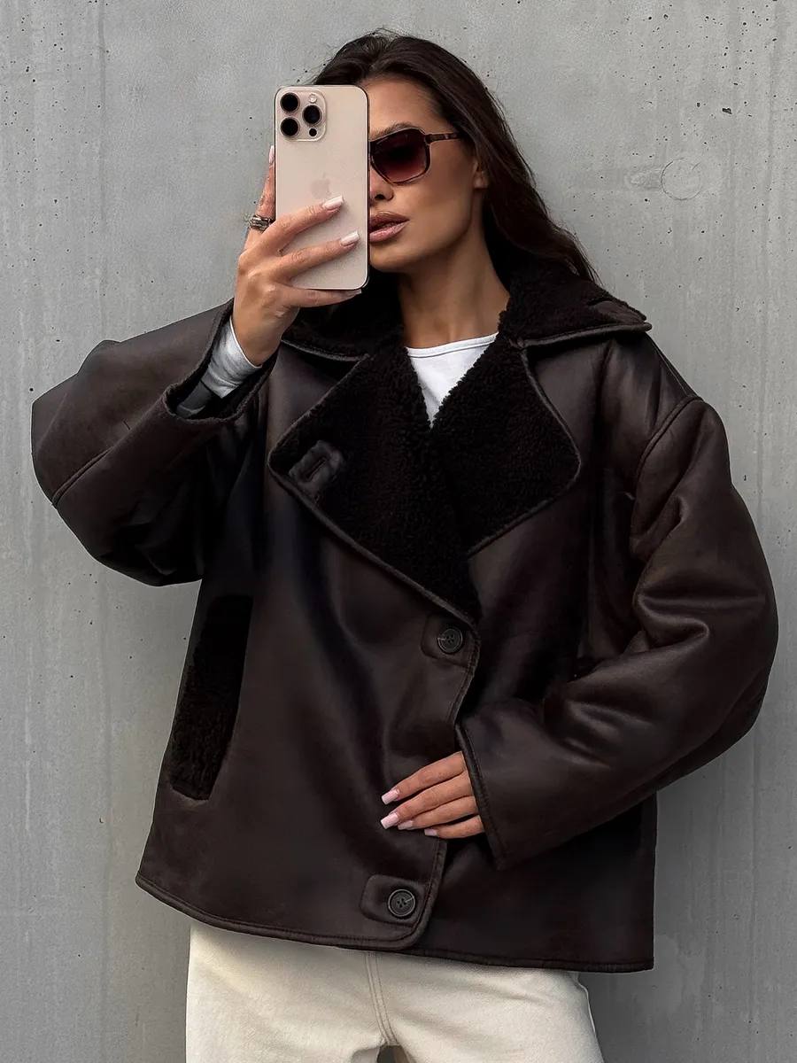 Women Oversized Dublyanka Shearling Coat Vegan Leather Jacket Dark Brown
