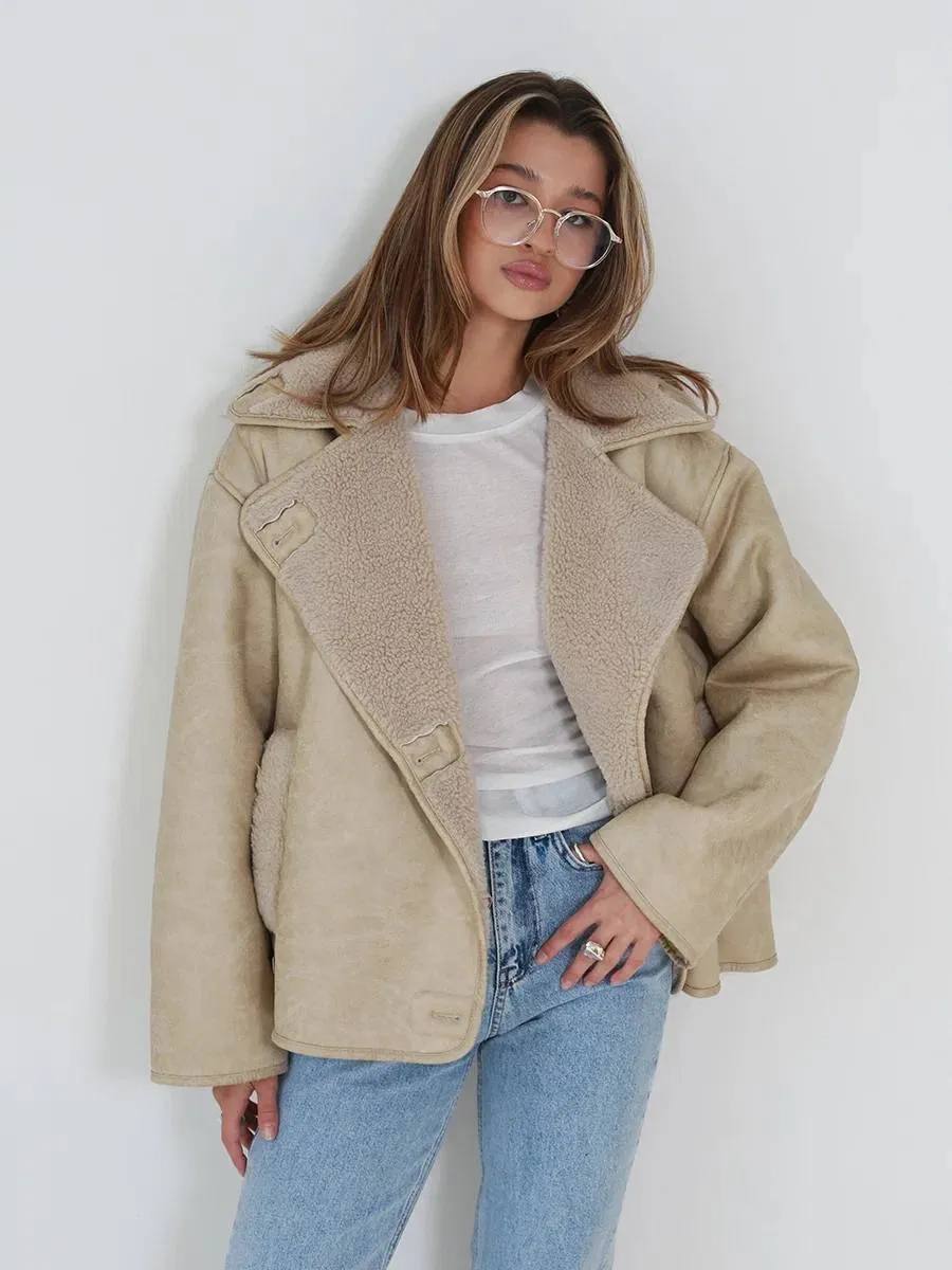 Beige Oversized Faux Shearling Coat Eco Leather Sheepskin Jacket for Women