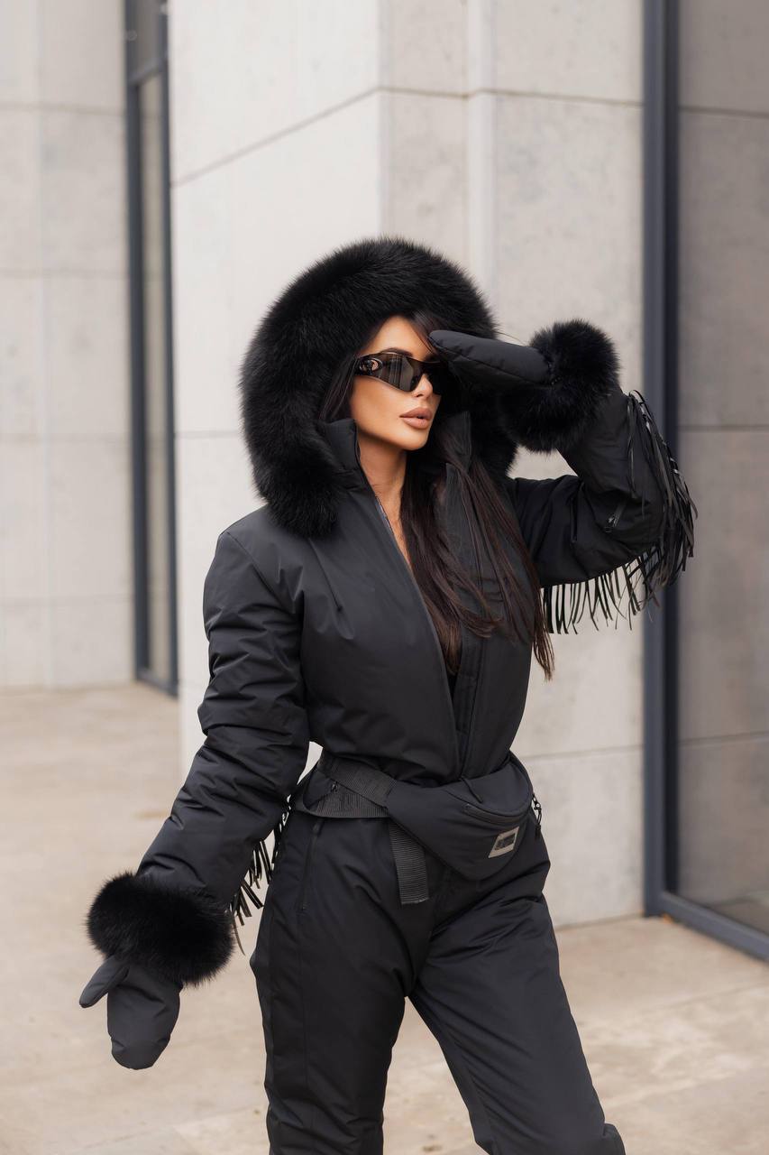 Black Women And Kids Ski Jumpsuit with Fringe Belt Mittens and Bag Insulated Winter Snow Suit