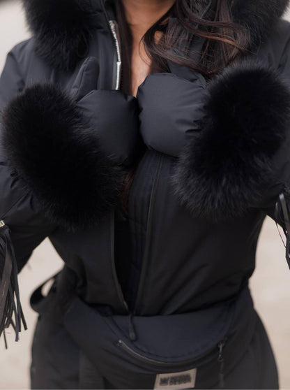 Black Women And Kids Ski Jumpsuit with Fringe Belt Mittens and Bag Insulated Winter Snow Suit