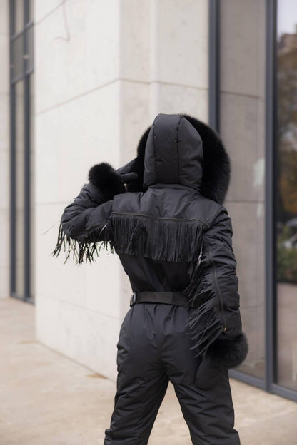 Black Women And Kids Ski Jumpsuit with Fringe Belt Mittens and Bag Insulated Winter Snow Suit