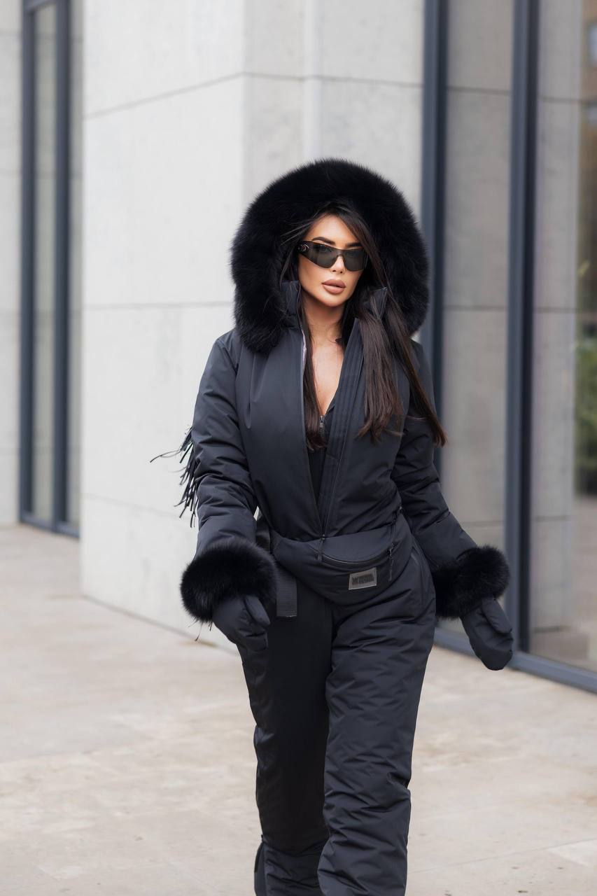 Black Women And Kids Ski Jumpsuit with Fringe Belt Mittens and Bag Insulated Winter Snow Suit