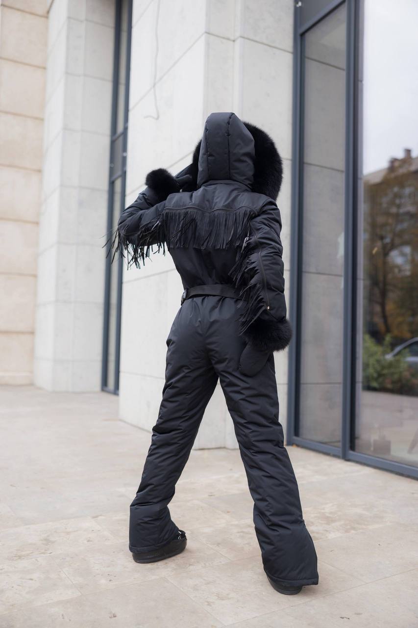 Black Women And Kids Ski Jumpsuit with Fringe Belt Mittens and Bag Insulated Winter Snow Suit