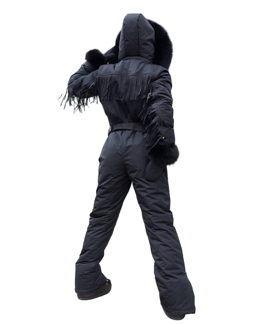 Black Women And Kids Ski Jumpsuit with Fringe Belt Mittens and Bag Insulated Winter Snow Suit