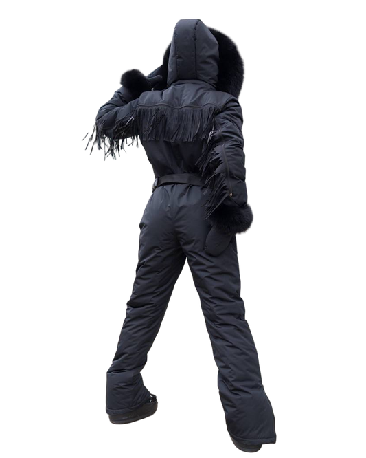 Black Women And Kids Ski Jumpsuit with Fringe Belt Mittens and Bag Insulated Winter Snow Suit