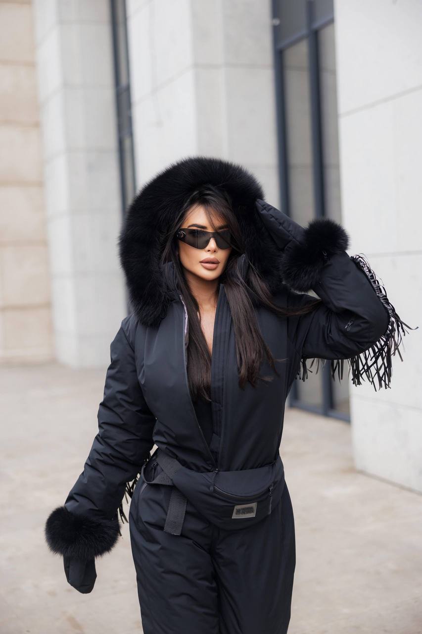 Black Women And Kids Ski Jumpsuit with Fringe Belt Mittens and Bag Insulated Winter Snow Suit