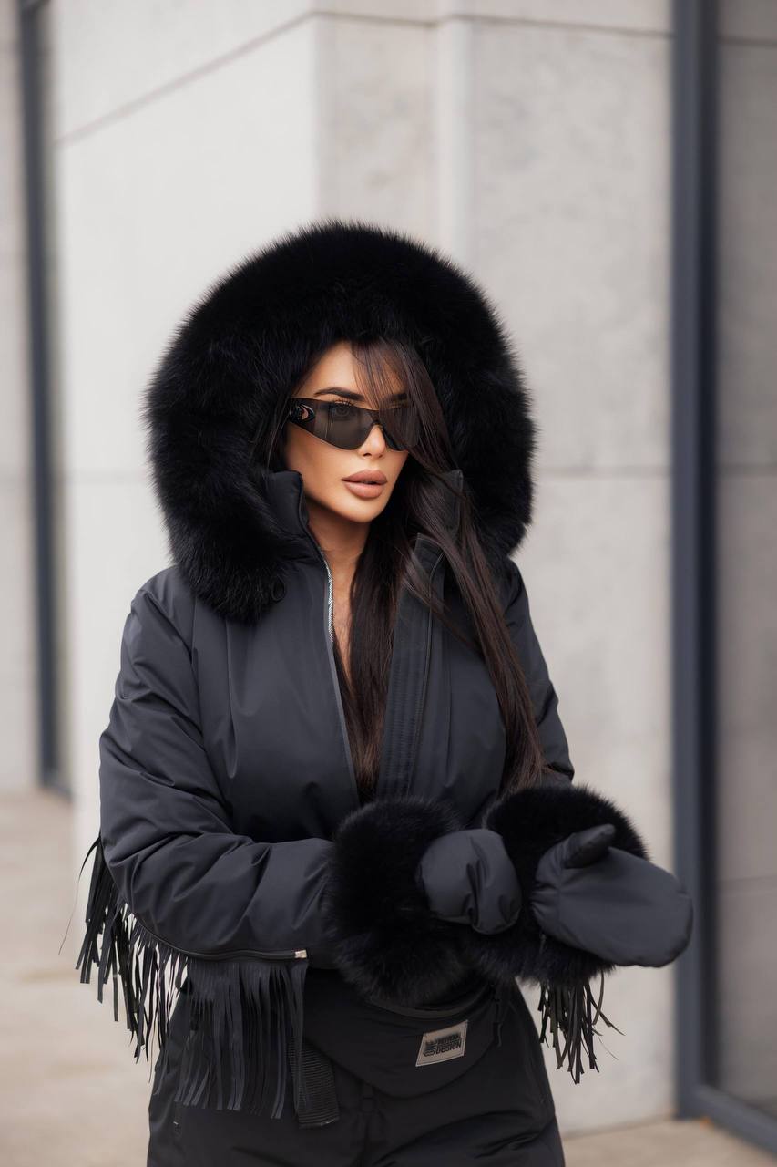 Black Women And Kids Ski Jumpsuit with Fringe Belt Mittens and Bag Insulated Winter Snow Suit