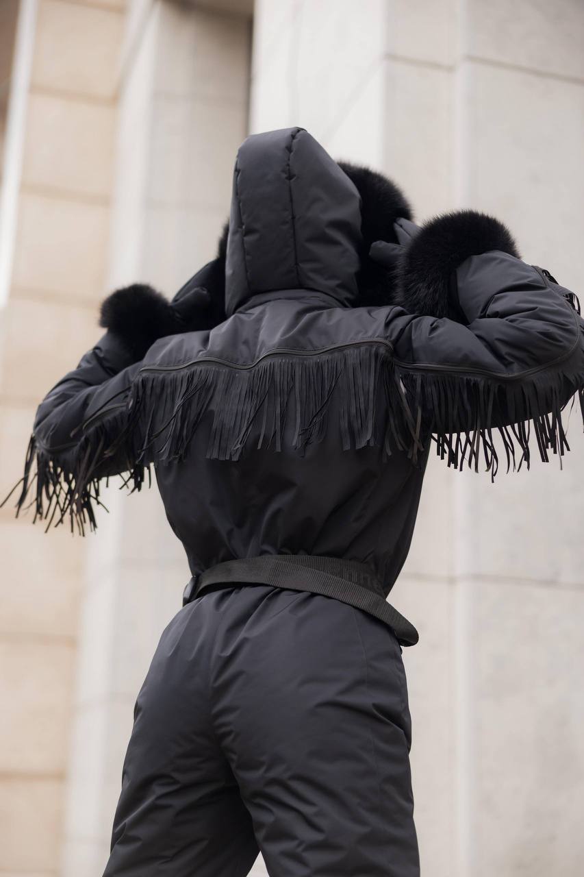 Black Women And Kids Ski Jumpsuit with Fringe Belt Mittens and Bag Insulated Winter Snow Suit