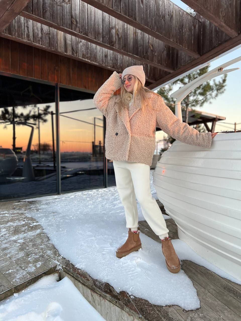 Beige Eco Faux Shearling Teddy Coat Short Womens Winter Jacket