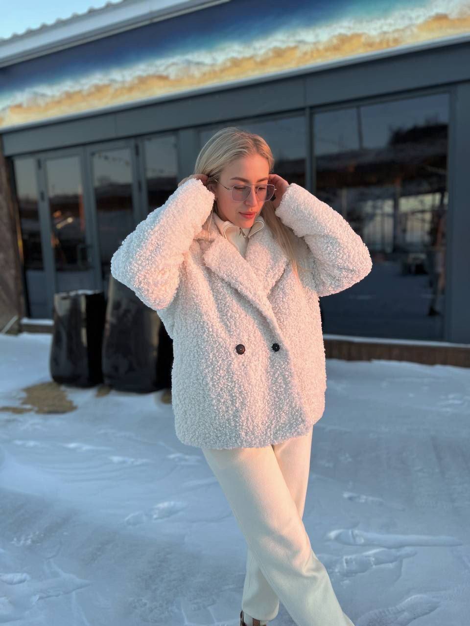 Eco Teddy Coat Cream Faux Shearling Double Breasted Warm Women Coat