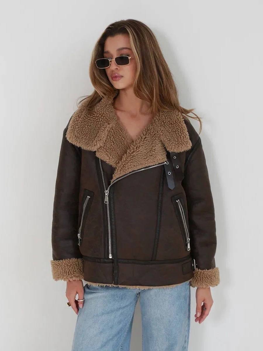 Aviator Shearling Coat Brown Faux Sheepskin Eco Leather Jacket