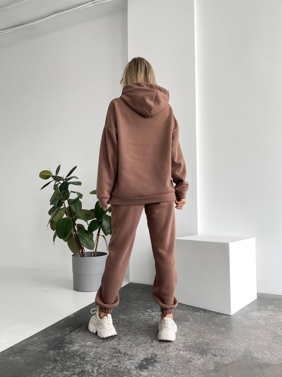 Women Oversized Tracksuit Brown Fleece Hoodie and Joggers Set Casual Streetwear