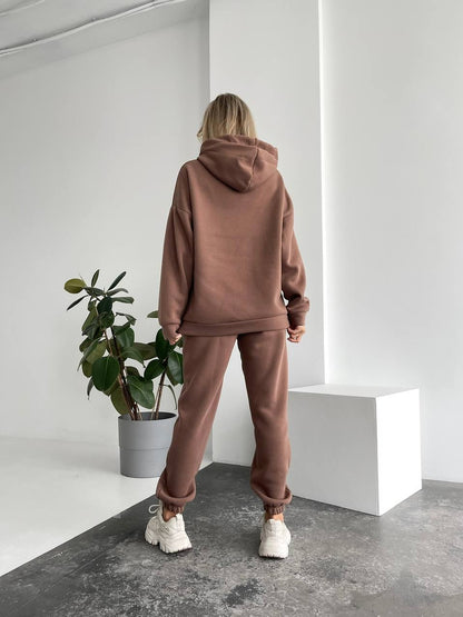 Women Oversized Tracksuit Brown Fleece Hoodie and Joggers Set Casual Streetwear
