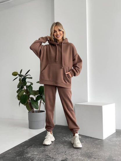 Women Oversized Tracksuit Brown Fleece Hoodie and Joggers Set Casual Streetwear