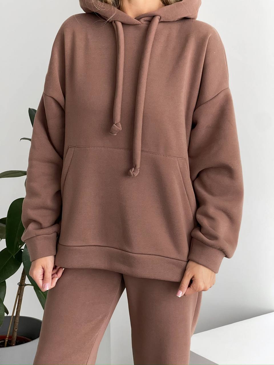 Women Oversized Tracksuit Brown Fleece Hoodie and Joggers Set Casual Streetwear