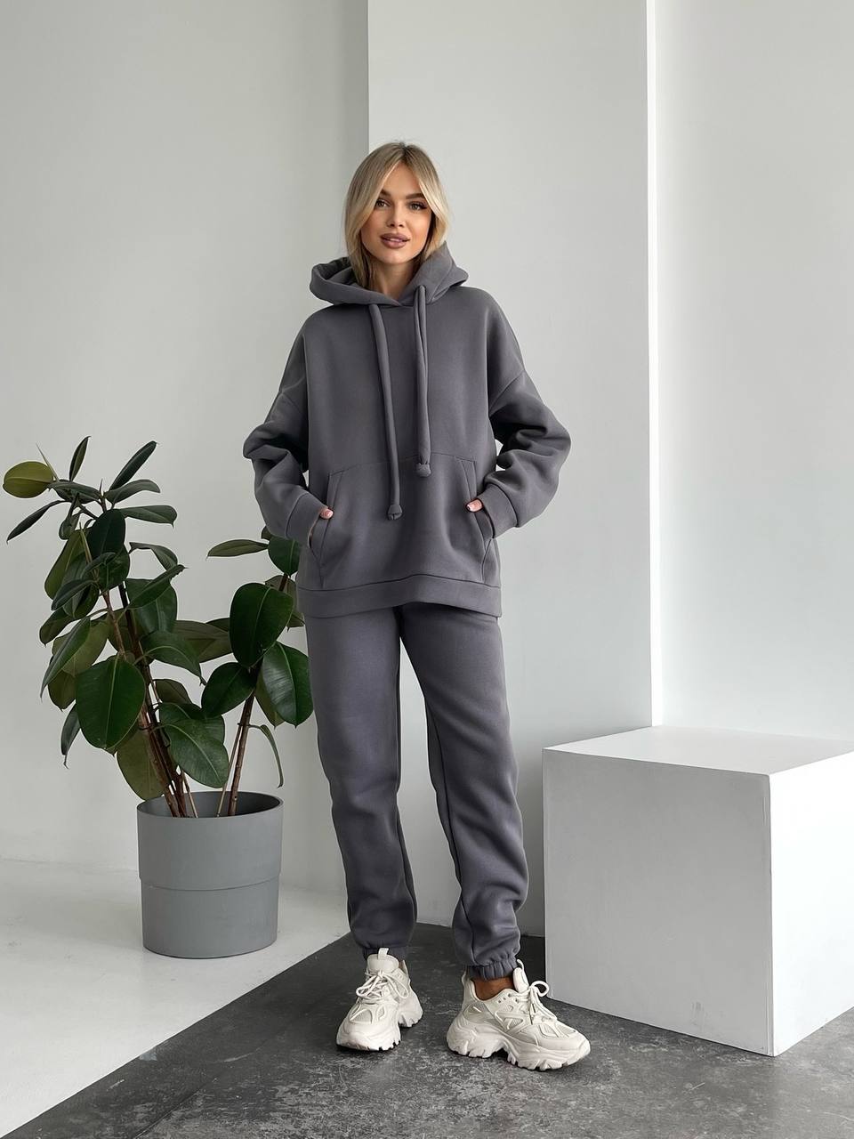 Person wearing a gray tracksuit standing in a minimalistic room with a plant and white cube.