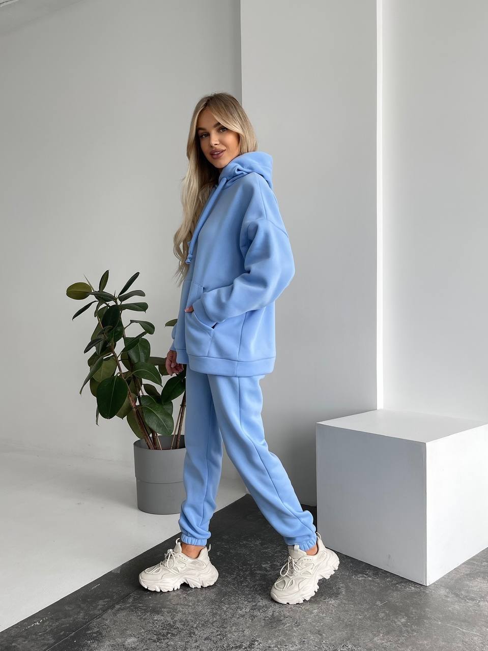 Person wearing a blue tracksuit standing in a minimalistic room with a plant and white cube.