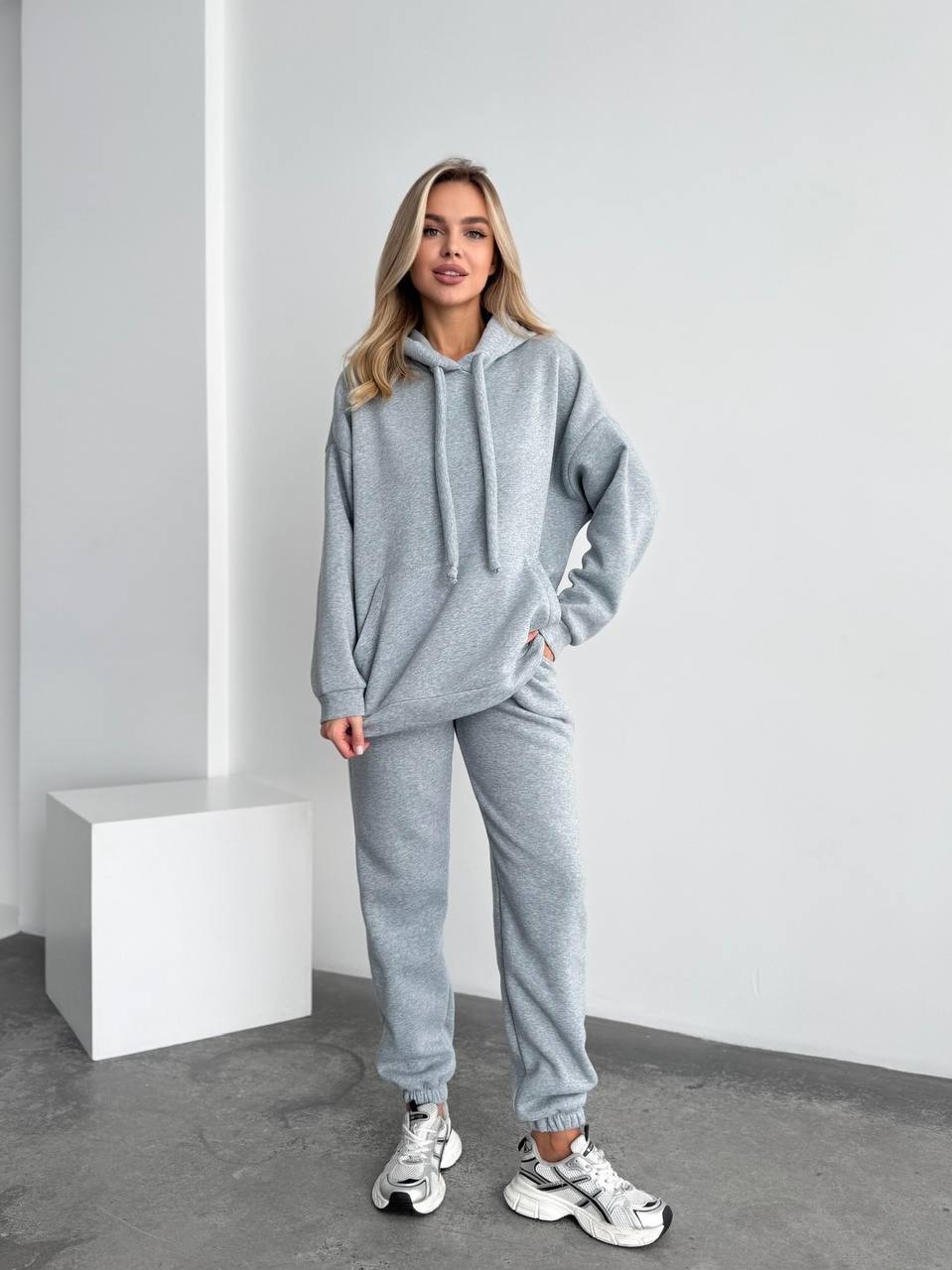 Womens Light Gray Oversized Tracksuit Trinitka Fleece Hoodie and Sweatpants