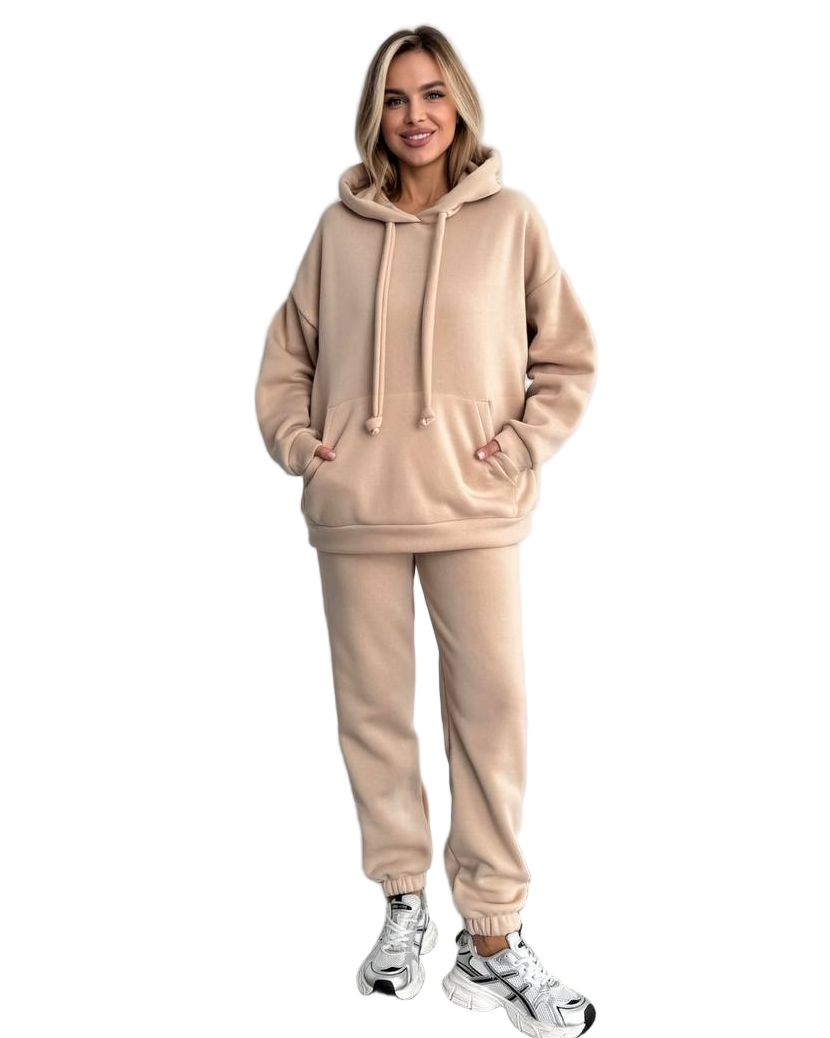 Beige Trinitka Fleece Tracksuit Women Oversized Hoodie and Joggers