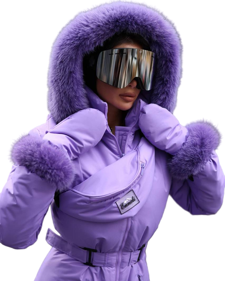 Person wearing a purple snowsuit with fur trim and goggles on a white background