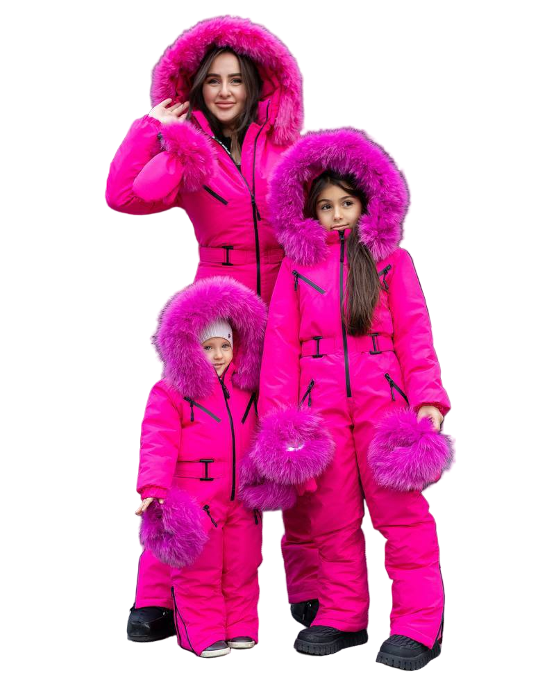 Raspberry Pink Women And Kids Ski Jumpsuit with Belt Mittens and Bag Insulated Winter Snow Suit