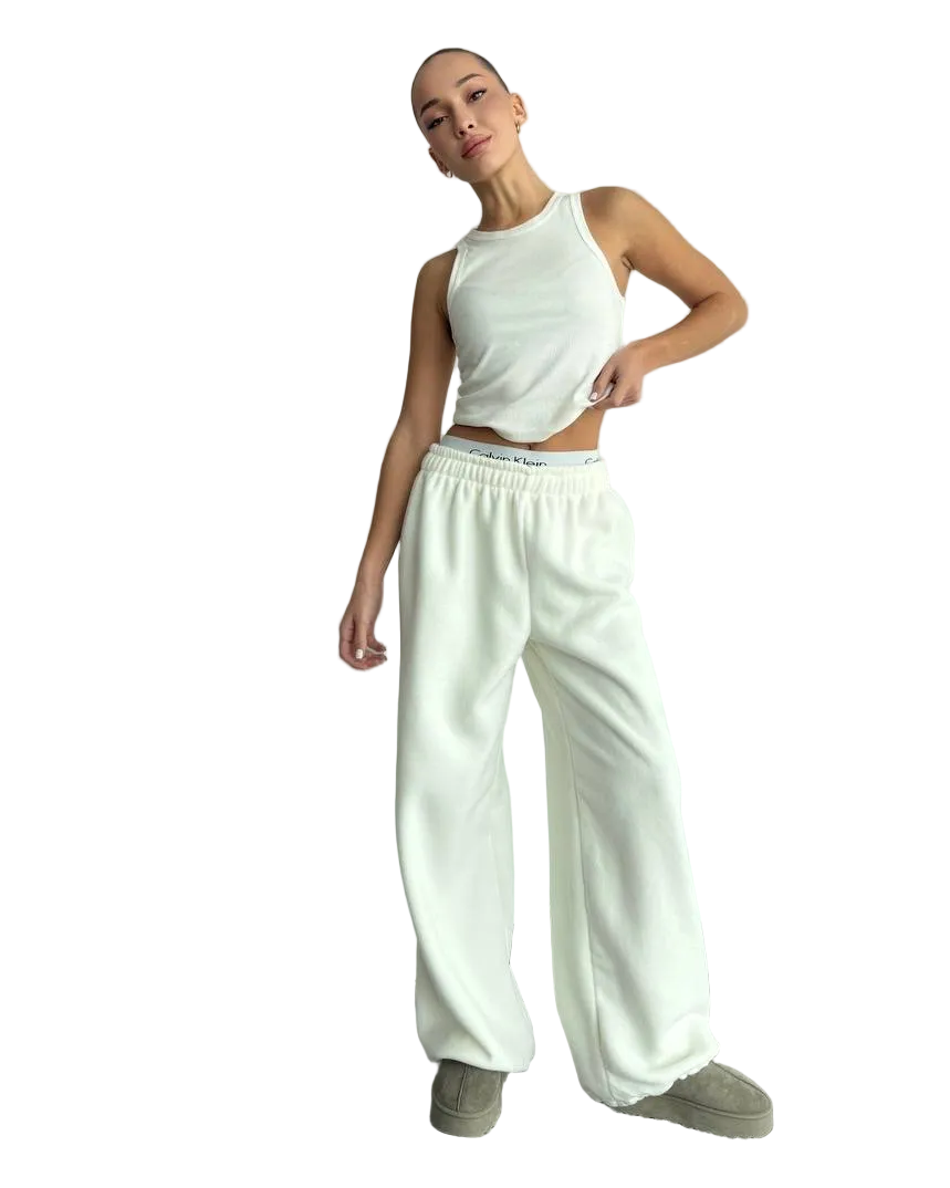 White Polar Fleece Wide Leg Trousers Elastic Waist Relaxed Fit Womens Sweatpants