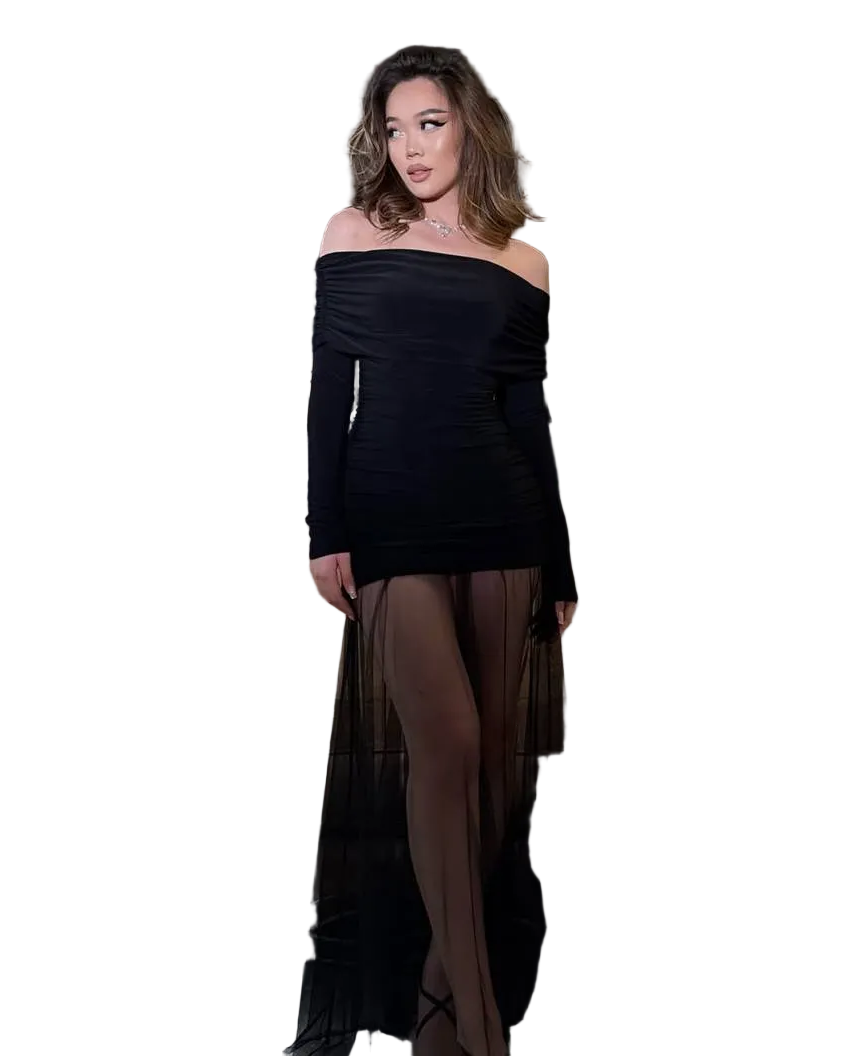 Black Off Shoulder Bodycon Dress with Sheer Mesh Skirt