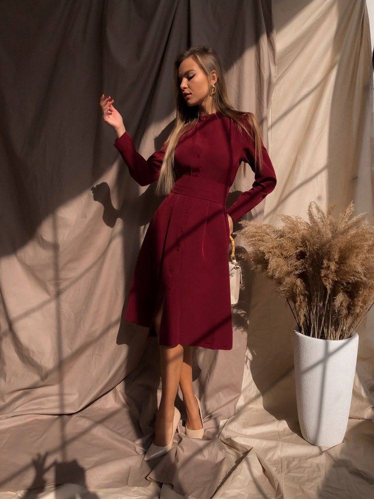 Woman in a burgundy dress posing against a neutral backdrop with a plant.