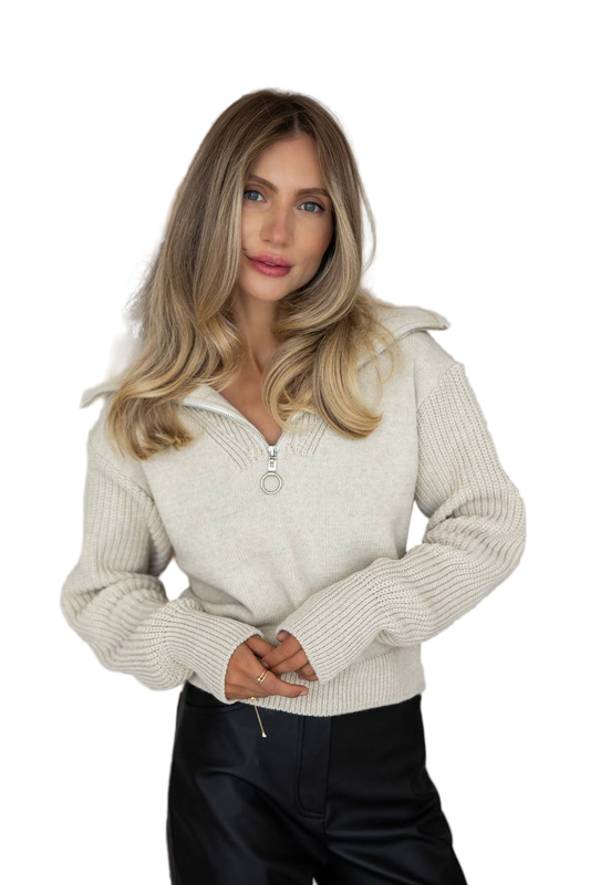 Cream Wool Blend Zipper Collar Sweater Cozy Knit