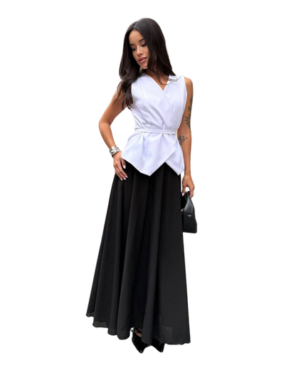 White Vest and Black Maxi Skirt Evening Set Two Piece Formal Outfit