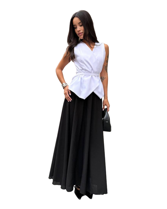 White Vest and Black Maxi Skirt Evening Set Two Piece Formal Outfit