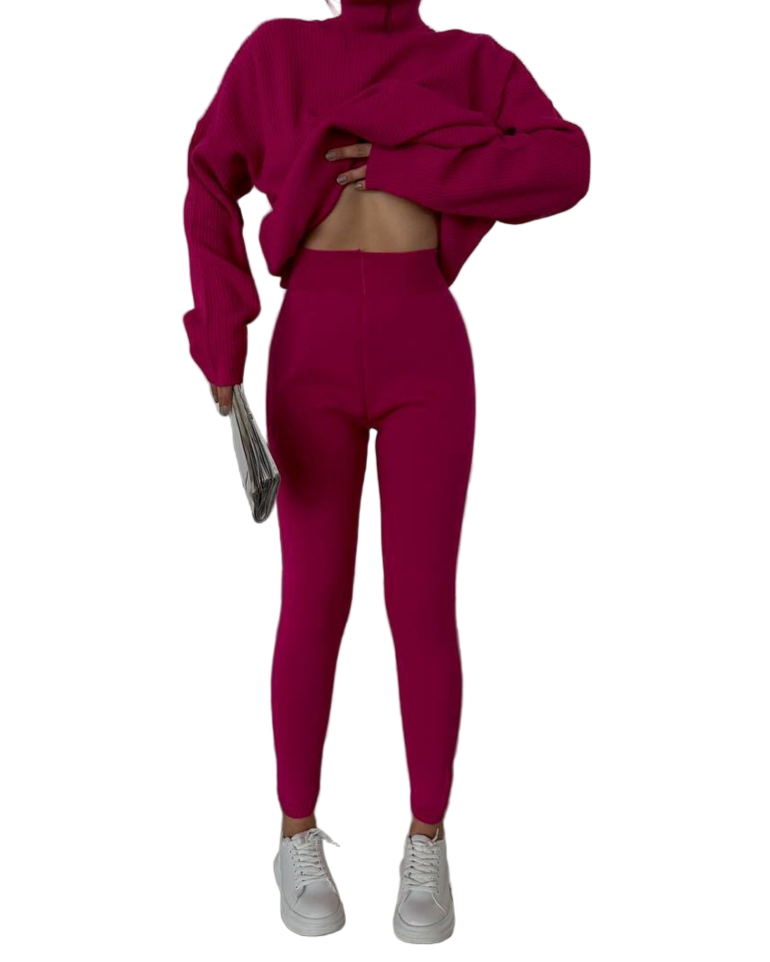 Fuchsia Ribbed Oversized Sweater Shaping Leggings Knit Set